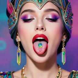 a colorful vibrant closeup portrait of an art deco woman licking a tab of lsd acid on his tongue and dreaming psychedelic hallucinations, by kawase hasui, moebius, edward hopper and james gilleard, zdzislaw beksinski, steven outram colorful flat surreal design, hd, 8 k, artstation
