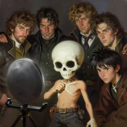 majora's mask skull kid posing for a picture, digital painting, masterpiece by rembrandt and thomas kinkade and frank frazetta and kentaro miura, by reiq and tite kubo, stylized yet realistic faces and anatomy, advanced lighting technology, beautiful, gorgeous brush strokes