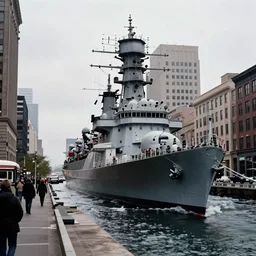1 9 7 0 s photography, long shot of a giant battleship sailing in brutalist city main street