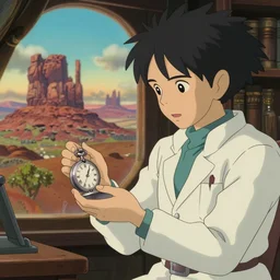 realistic interior shot from howls moving castle ( 2 0 0 4 ) of a scientist looking at a silver pocket watch. desert monument valley stonehenge cartoon depth of field.