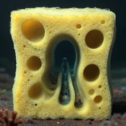 hyper liminal photo, sponge with many tunnels inside each hole, tunnels lead to different worlds, surreal, ominous creature hiding detailed, high definition, mysterious, low quality photo, surrealist depiction of a normal sponge, trending, m. c. esher
