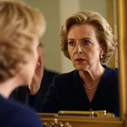 close up of liz truss looking into a mirror and seeing margaret thatcher as her reflection, cinematographic shot, by daniel f. gerhartz