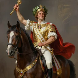 a handsome man, happy and disarmed, laurels of glory, returns to home triunphantly mounted in a horse. full of pride. victorirous. prideful.. intricate, elegant, highly detailed, digital painting, artstation, concept art, sharp focus, illustration, by justin gerard and artgerm, 8 k