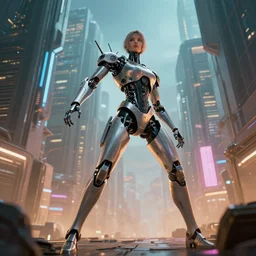 female robot in cyberpunk city, beautiful dynamic lighting, cinematic, wide angle establishing shot, extremely high detail, photo realistic, cinematic lighting, post processed, concept art, artstation, matte painting, style by frederic church, raphael lacoste, unreal engine 8 k