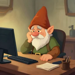 a gnome from EverQuest who is sitting behind a desk and very disappointed