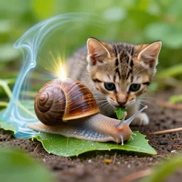 snail - kitten eating a small leaf, medium shot, radiant slime trail, vibrant, by edgar maxence and ross tran and michael whelan, photorealistic anamorphic lens