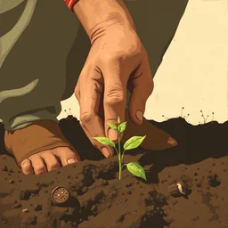 closeup of a hand putting a seed in the dirt, limited neutral palette, by petros afshar, anton fadeev, dean ellis, beautiful graphic full body portrait, propaganda poster art 1 9 7 0 s illustrated advertising art, painterly character design