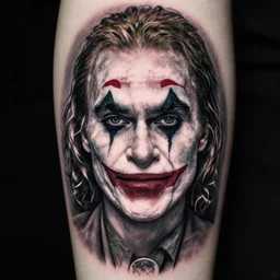 tattoo design of margot robbie with joker makeup, ace card, in the style of matt jordan, realistic face, black and white, realism tattoo, hyper realistic, highly detailed