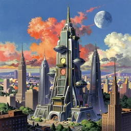 concept art image of an intricate detailed dmt skyscraper amidst a futuristic city against a fantastic colorful sky with a couple moons, by anton fadeev, by denise scott brown, by studio ghibli, anime cell shaded