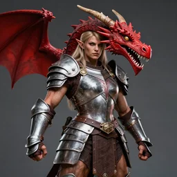 muscular halfling woman warrior, with a full set of plate armor, wearing an enormous red dragon head, clyde cadwell, mid shot, strong lighting, heroic pose