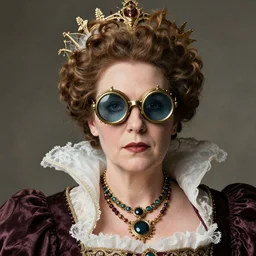 the queen wearing steampunk glasses, photo by gustave baumann