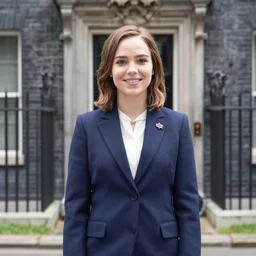 katniss everdeen as the prime minister of england, in front of 1 0 downing street, official portrait, press
