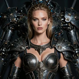 very detailed portrait of christine turlington as warrior of dark futuristic robotic world, by hajime sorayama, mysticism, intricate, highly ornate dark trim armoury