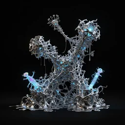 a photorealistic render of an abstract organic sculpture made of melted metal and bioluminescent beings on a black background, c 4 d, by zhelong xu ouchh studio and ernst haeckel, wide angle, hyper realistic, plain black background, 8 k, volumetric lightning, octane render