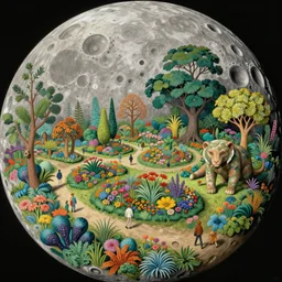 a landscape on the moon with many craters, people walk along the paths, a beautiful flowering garden, a big strange beast, a lot of exotic vegetations and trees, intricate detaild, 8 k, in the style of martin johnson heade and roger dean