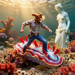a cowboy turning into blooms in real life. volumetric lighting, beautiful, golden hour, sharp focus, ultra detailed. bold vibrant complementary colors. by frank frazetta, kai carpenter, syd mead. tropical sea slugs. 4 k, 3 5 mm, fujifilm, sculpture by antonio canova. red white jade