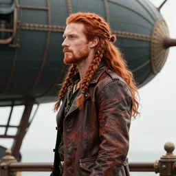 portrait of a rugged!!!! male sailor with long red hair!!!!!!, upper body, loose braids, handsome, leather coat, side profile, Steampunk airship!!!!!!!, D&D, fantasy, simple clothing!!!!, elegant, highly detailed, digital painting, deviantart, artstation, concept art, sharp focus, illustration, art by Artgerm and Greg Rutkowski and Alphonse Mucha