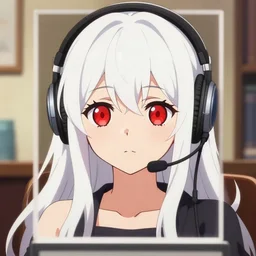anime visual of a cute girl, with + ( ( red eyes ) ) + long white hair + ( ( wearing a headset in her room interior ) ), poster by anime cels, ilya kuvshinov, detailed face features