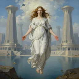 portrait of a surreal goddess floating in front of a futuristic ancient Atlantis, painting by Gustav Klimt and Gil Elvgren