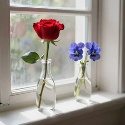The image would feature a windowsill with two vases, one containing a red rose and the other containing a blue violet. The natural light from the window would be shining in on the scene. Trending on artstation