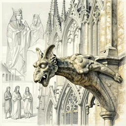 disasterpiece gothic church gargoyle, watercolor, surreal Ptolemaic endevaour, by Edgar Maxence and Ross Tran and Michael Whelan and Da Vinci, intricate line drawings, 4k resolution