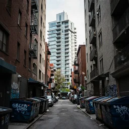 looking down a claustrophobic urban alley with dumpsters graffiti and power lines in east vancouver, brutalism, hi res, unreal engine, 8 k, ultra - realistic, gritty, 1 0 0 mm