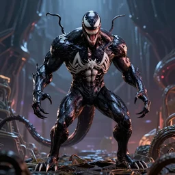 venom battles scream, redesigned by yasushi nirasawa moebius hr giger and alex ross, full figure action shot, alien world background, hdr, 8 k, octane render, volumetric lighting