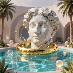 David Ligare masterpiece, gold rings, hyperrealistic surrealism, award winning masterpiece with incredible details, beautiful lighting, pool caustics, illuminated orbs, epic stunning, infinity pool, a surreal vaporwave liminal space, highly detailed, trending on ArtStation, broken giant marble head statue ruins, calming, meditative, geometric liminal space, palm trees, very vaporwave, very very surreal, sharp details