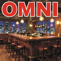 1979 OMNI Magazine Cover of a cozy bar interior in neo-tokyo in cyberpunk style by Vincent Di Fate. Product advertisement