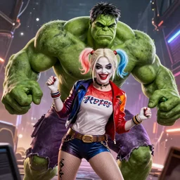 Hulk Hogan as Harley Quinn, digital art, dynamic lighting,