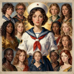 woman sailor by lisa frank, mahmoud sai, malika agueznay, paolo uccello, pauline haynes, pieter bruegel the elder, pre - raphaelite brotherhood, rene magritte, sonia delaunay, by wangechi mutu, wlop, yoshitaka amano, visual novel