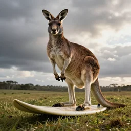 photo of a kangaroo standing on a surfing board. extreme detail, hyperrealistic photo