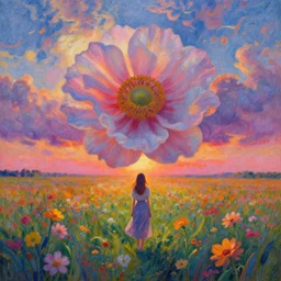 large flower head, girl standing in a flower field, surreal photography, sunrise dramatic light, impressionist painting, colorful clouds, digital painting, pointillism, artstation, simon stalenhag