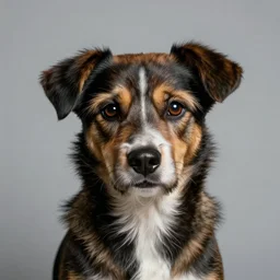 realistic studio portrait, half human face half dog face, dog human hybrid fantasy person, in the style of annie leibovitz