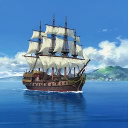 Wallpaper anime blue water, victorian fire ship, far away, landscape, gorgeous scenery, Cushart Krenz, Shinkai Makoto, by Lluluchwan, lots of details, highly detailed, 4k