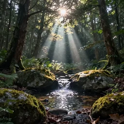 a forest oasis, rock pools, harmony of nature, infinite dawn, angelic light, sparkling dew, by asher brown durand, by iyoshitaka amano