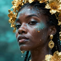 hyperrealistic precisionist cinematic very expressive! oshun goddess, in water! john everett millais, mirror dripping droplet!, gold flowers, highly detailed face, digital art masterpiece, smooth eric zener cam de leon, dramatic pearlescent turquoise light on one side, low angle uhd 8 k, shallow depth of field