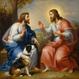 painting of Jesus having a debate with a dog