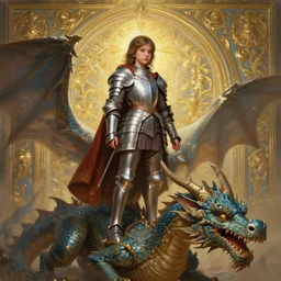 breathtaking detailed concept art painting of young girl in armor standing on the back of a dragon, orthodox saint ornate background, by hsiao - ron cheng, very bright lights, 8 k