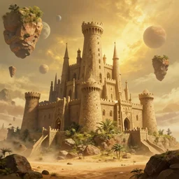 sandstone castle, lush and beautiful concept art for the shire, floating rocks in the air, stone city, arabian nights, sand, golden sun, planets, lord of the rings, peter jackson, studio ghibli, detailed, realistic lighting, volumetric lighting, golden hour,