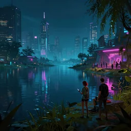 photo environement cyberpunk lakeside : 4, 4 k rtx hdr volume light concept studio matte painting environement digital illustration style cyberpunk 2 0 7 7 artstation artur tarnowski, mihai muscan, marcin tomalak, marta leydy, marcin stepien, charlotte hughes, zuzanna dabrowa neon bioluminiscence
