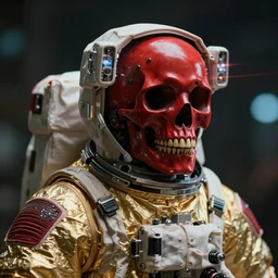 ornate red skull in astronaut suit, gold linens, cinematic lighting, dramatic,  octane render, long lens, shallow depth of field, bokeh, anamorphic lens flare, 8k, hyper detailed, 35mm film grain