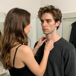 a white man with brown hair and a detailed unblurred face is being forced to crossdress by his girlfriend. standing in a woman's dressing room, and art by ilya kuvshinov, rossdraws, sharp focus, art by wlop and artgerm, extreme detail, detailed drawing, hyper detailed face