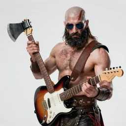 sunglasses wearing kratos rocking out on a stratocaster axe, cinematic render, god of war 2 0 1 8, playstation studios official media, lightning, flames, red stripe