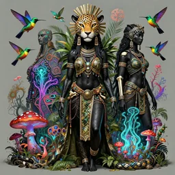 3 d black goddess wide angle portrait with snake skin, and articulated bones. beautiful intricately detailed avante garde jaguar mask and jungle priestess outfit. vibrant hummingbirds, bio luminescent mushrooms, mycelium, pulse projections, shipibo patterns, plasma, creature, artwork by tooth wu and android jones wlop and android jones and beeple and greg rutkowski