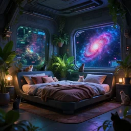 a futuristic room in a space station, a large bed and screens, lush plants, a colorful nebula can be seen through a window, moody lighting, trending on Artstation, very detailed, Gigapixel, in the style of Guardian of the Galaxy, 14mm lens, many cats