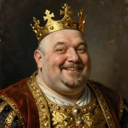 high quality character portrait oil painting of a fat bald happy mid-aged king with golden crown by Rembrandt, middle close up shot