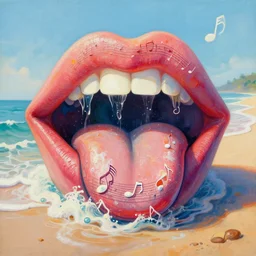 A beach shaped like a singing mouth, the waves are made is musical notes, one wave is shaped like the mouths tongue, Very colorful painting 8k trending on art station, Intricate details, very realistic, cinematic lighting, volumetric lighting,