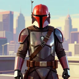 The Mandalorian in GTA V, cover art by Stephen Bliss, artstation, no text, City Skyline in the Backround, Red Visor