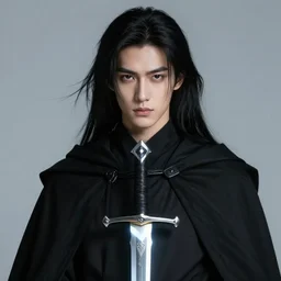 a young warrior with long raven black hair, with glowing sword, in black cloak, portrait by daniel docciu and dave dorman and artgerm